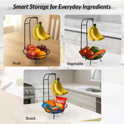 Plantex GI Steel Fruit Bowl with Banana Hanger/Banana Stand For Kitchen/ 2-in-1 Fruit Basket with Banana Hook (Colour- Black)