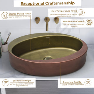 Plantex Ceramic Washbasin/Basin for Bathroom/Oval Tabletop Wash Basin/Countertop Vessel Sink for Home, Office – (Brass & Copper Antique - 24 x 15 x 6 Inch)