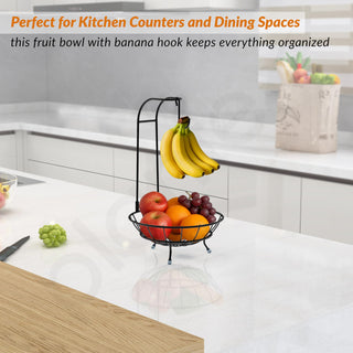Plantex GI Steel Fruit Bowl with Banana Hanger/Banana Stand For Kitchen/ 2-in-1 Fruit Basket with Banana Hook (Colour- Black)