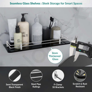 Plantex Premium Black Glass Shelf for Bathroom/Kitchen/Living Room - Bathroom Accessories (Polished, 18x6 Inches) - Pack of 1