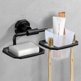 Plantex 304 Grade Stainless Steel 2in1 Soap Dish with Tumbler Holder/Soap Stand/Tooth Brush Holder/Bathroom Accessories - Nipron (Black)