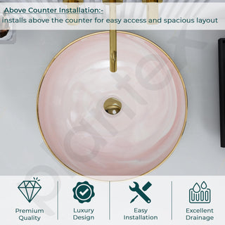 Plantex Wash Basin/Ceramic Table Top Wash Basin/Designer Countertop Basin for Bathroom/Restaurants/Hotel (Pink & Gold - 16.5 x 16.5 x 4 Inch)