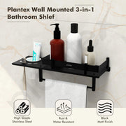 Plantex Stainless Steel 3in1 Multipurpose Bathroom Shelf/Rack/Towel Hanger/Tumbler Holder/Bathroom Accessories (15 x 6 Inches-Matt Black)