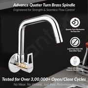 Plantex Pure Brass Kitchen Sink Tap Faucet/Wall Mount Sink Faucet with Wall Flange and Teflon Tape/Water Nal Tap with 360 Swiwel spot with Water Saving nozzel - Pack of 1 (Chrome, 3211)