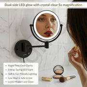 Plantex Brass and 304 Stainless-Steel Magnifying Mirror with LED/Wall Mount Makeup Mirror with Light/Zoom Mirror- 5x/1x Magnification (8 Inch-Black)