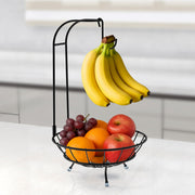 Plantex GI Steel Fruit Bowl with Banana Hanger/Banana Stand For Kitchen/ 2-in-1 Fruit Basket with Banana Hook (Colour- Black)