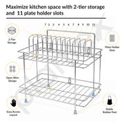 Plantex Stainless Steel Utensils Drying Rack/2-Tier Dish Rack/Plate Drying Rack for Kitchen Countertop/Bartan Stand - Chrome (13 x 8.5 x 12 Inch)