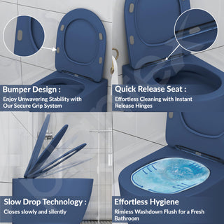 Plantex Imported Ceramic Wall Hung Commode/Rimless Washdown Western Toilet/Commode with Soft Close Toilet Seat - P Trap (Round- Dark Blue)