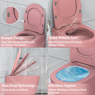 Plantex Ceramic Wall Hung Commode for Toilet/Rimless Washdown Flush Western Commode/Imported Commode with Soft Closing Toilet Seat - P Trap (Round, Matt Pink)