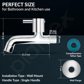 Plantex Long Body Bib Cock for Bathroom with Water Saving Aerator/Brass Spindle Bib Tap with Wall Flange and Teflon Tape for Bathroom (MKS-1272-Chrome)