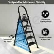 Plantex Steel Ladder for Home/Strong Foldable Wide 5 Step Ladder/Anti-Skid 5 Step Ladder - (Apex - Black)