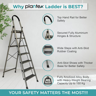 Plantex Guardex 7 Step Foldable Aluminum Ladder for Home/Ladder with Anti-Slip Shoes and Edge Guards/5 Year Manufacturer Warranty (Anodize Coated-Gold)