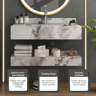 Plantex Slab Tile Floating Vanity with Washbasin for Bathroom/Wall Mount Wash Basin with Cabinet Full Set - 32 x18 inch (ED-Gold-Marble Finish)