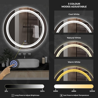 Plantex Glass Mirror With Light With 3 Tone/Touch Wall Mount Mirror For Bedroom/Dressing Room/Living Room - Round Shape (24 Inch), White