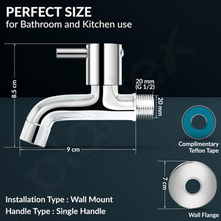 Plantex Short Body Bib Tap for Bathroom with Water-Saving Aerator/Wall Mount Bib Cock with Wall Flange and Teflon Tape/Brass Spindle Basin Tap for Home (MKS-1271-Mirror Chrome)