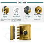 Plantex Stainless Steel Penta Bolt Lock for Main Door/5-Point Security Deadbolt with Brass Cylinder & 4 Keys/Door Lock Set with 5 Years of Warranty (PVD Gold)