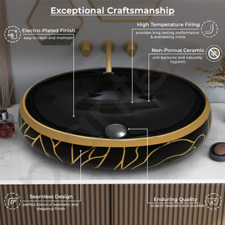 Plantex Black Wash Basin for Bathroom/Table Top Ceramic Basin/Oval Hand Wash Sink for Home/Hotel 23.5x16x6 Inch - Black&Gold)