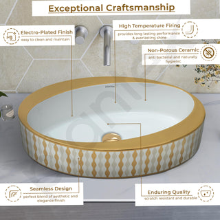 Plantex Ceramic Washbasin/Designer Basin for Bathroom/Oval Tabletop Basin/Countertop Vessel Sink for Home/Office/Restaurant (Gold & White - 24 x 14 x 10 Inch)