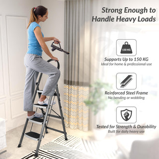 Plantex 4 Step Ladder for Home-Foldable Steel -Wide Anti Skid Steps - 5 Year Manufacturer Warranty (Gray & White)