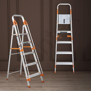 Plantex Secura 5 Step Aluminium Ladder for Home/Foldable Ladder with Support Hand Rail (Orange-Silver)