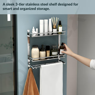 Plantex Stainless Steel Bathroom Organizer/Multipurpose 3 Tier Bathroom Shelf with Towel Hanger and Hooks/Shelf for Washroom