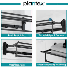 Plantex Stainless Steel Folding Towel Rack for Bathroom/Towel Rod with Hooks/Towel Stand/Towel Holder/Bathroom Accessories (24 inch) Matt Black