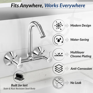 Plantex Sink Mixer for Kitchen/Hot & Cold Water Mixer with Teflon Tape & Wall Flange - Pack of 1 (Rio, Chrome)