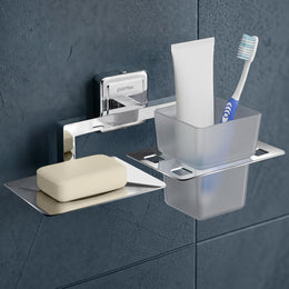 Plantex Stainless Steel 304 Grade Decan 2 in1 Soap Dish with Tumbler Holder/Soap Stand/Tooth Brush Holder/Bathroom Accessories - Decan (Chrome)