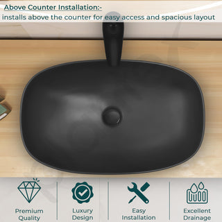 Plantex Black Basin for Bathroom/Ceramic Table Top Wash Basin/Over Counter Washbasin for Restaurant, Hotel (Matt Black, 23 x 14.5 x 5 Inch)