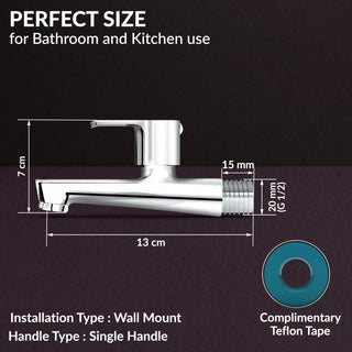 Plantex Long Body Bib Cock for Bathroom with Water Saving Aerator/Wall Mount Bib Tap with Wall Flange and Teflon Tape for Bathroom(Kromo-Chrome)