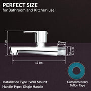 Plantex Long Body Bib Cock for Bathroom with Water Saving Aerator and Brass Spindle/Wall Mount Bib Tap with Wall Flange and Teflon Tape for Bathroom(Kromo-Chrome)