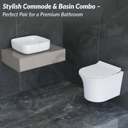 Plantex Platinum Ceramic Rim Wall Mount Commode with Wash Basin for Bathroom/P Trap Washdown Flush Commode with Toilet Seat Cover/Tabletop Basin - White (Combo)