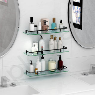 Plantex Bathroom Accessories - Wall Mounted Bathroom Shelves/Glass Shelves for Kitchen/Living Room with Black Brass Railings (18x6 Inches, Frosted) - Pack of 3