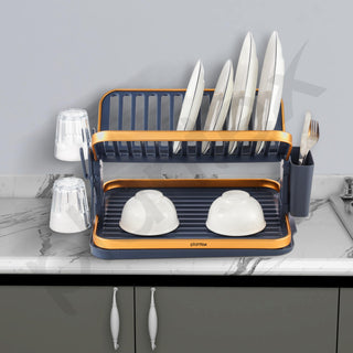 Plantex Kitchen Storage Rack/Aluminium Fold Flat Dish Drying Rack/2-Tier with Drainboard/Kitchen Organiser Rack - (Gold & Grey)