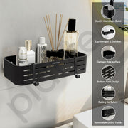 Plantex Aluminium Bathroom Stand for Wall/Self Adhesive Shelf with Removable Hooks & Magic Stickers/Bathroom Accessories Items (12x5 inches, Matt Black) - Pack of 2