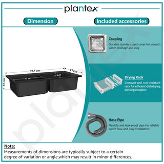 Plantex Kitchen Sink/UV Protected Quartz Sink for Kitchen/Double Bowl Sink with Coupling and Hose Pipe (Charcoal Black - 37x18inch)