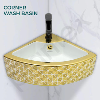 Plantex Ceramic Corner Basin/Wall Mount Washbasin for Bathroom/Small Corner Vessel Sink/Tabletop Wash Basin (Golden Cornia, 18 x 13 x 5 Inch)