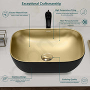 Plantex Table Top Wash Basin for Bathroom/Rectangle Ceramic Basin/Countertop Vessel Sink Basin for Home/Office/Hotel (Black & Gold - 18 x 13 x 5 Inch)