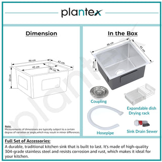 Plantex Guranteed Stainless Steel 304 Grade Kitchen Sink/Undermount Handmade Sink for Kitchen with 7 Years of Warranty by Plantex/Single Bowl Sink with All Fittings & Drying Rack(Matt - 16x18 Inches)