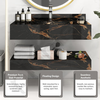 Plantex Floating Vanity/Slab Tile Vanity with Washbasin for Bathroom/Wall Mount Cabinet with Basin - 32 x 18 inch (ED-Black-Marble Finish)