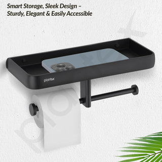 Plantex Aluminium Dual Toilet Paper Holder for Bathroom/Tissue Paper Roll Holder with Mobile Stand/Toilet Paper Roll Holder/Bathroom Accessories - (Black)