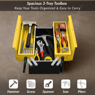 Plantex Metal Tool Box for Home Use/3 Cabinet Empty Tool Kit Box With Large Capacity & Strong Handle/Tools Box/Tool Organizer for Essential Tools - (Yellow & Black)