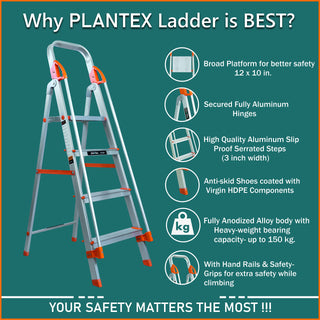 Plantex Secura 4 Steps Ladder for Home/Aluminium Foldable Ladder with Safe Hand Rail (Orange-Silver)