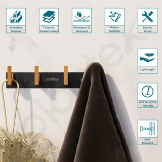 Plantex Aluminum Hook Rail with L-Shape Hook for Clothes Hanging/Hook Rail Bar for Clothes/Towel/Keys -Pack of 3 (4 Hooks/Black & Gold)