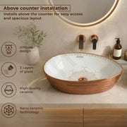 Plantex Designer Ceramic Basin/Table Top Wash Basin for Bathroom/Countertop Vessel Sink Basin for Home/Office/Restaurant (White & Rose Gold, 22 x 14 x 7 Inch )