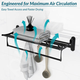 Plantex Stailness Steel Folding Towel Rack for Bathroom/Towel Rod with Hooks/Towel Stand/Towel Holder/Bathroom Accessories (24 inch) Matt Black