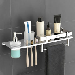 Plantex Stainless Steel 4in1 Multipurpose Bathroom Shelf/Bathroom Steel Rack with Tumbler Holder, Towel Rod and Liquid Soap Dispenser Chrome (18x5 inches)