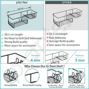 Plantex GI Steel Bathroom Accessories Self Adhesive/Self Adhesive Kitchen Shelf with Side Hooks to Hang Loofah, Soap Holder & Magic Stickers - Black, Powder Coated (Pack of 4)