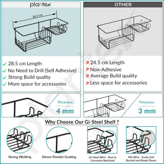 Plantex GI Steel Bathroom Accessories Self Adhesive/Self Adhesive Kitchen Shelf with Side Hooks to Hang Loofah, Soap Holder & Magic Stickers - Black, Powder Coated (Pack of 4)