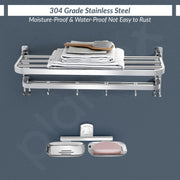 Plantex 304 Stainless Steel Dual Folding Towel Rack for Bathroom with Double Soap Dish/Holder/Bathroom Organizer/Bathroom Accessories Set- Chrome